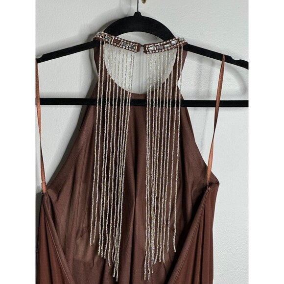 Mac Duggal IEENA 26518 Beaded Halter Neck Trumpet Gown Dress Chocolate Size 8 - Picture 8 of 10